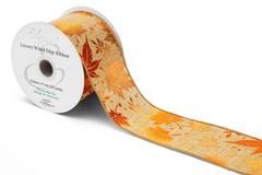 Eleganza Wired Edge Burlap Gilded Autumn Leaves 63mm x 9.1m No.489 - Christmas Ribbon